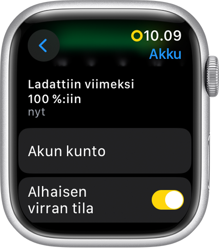 Apple Watch, jossa näkyy Asetusten alhaisen virran tila