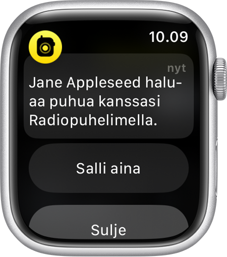 Apple Watchissa näkyy ystävä, joka pyytää puhua Radiopuhelimella