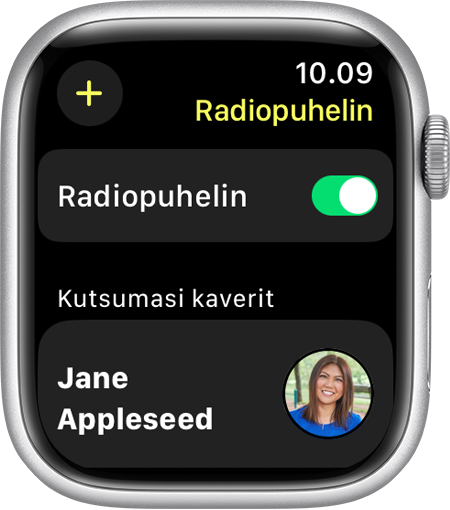 Apple Watchissa näkyy Radiopuhelin-appi ja kutsuttujen ystävien luettelo