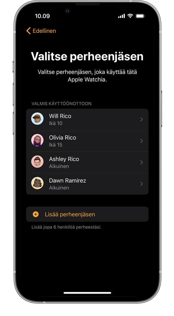 Perheenjäsenen valintanäyttö, kun Apple Watch otetaan käyttöön iPhonessa.