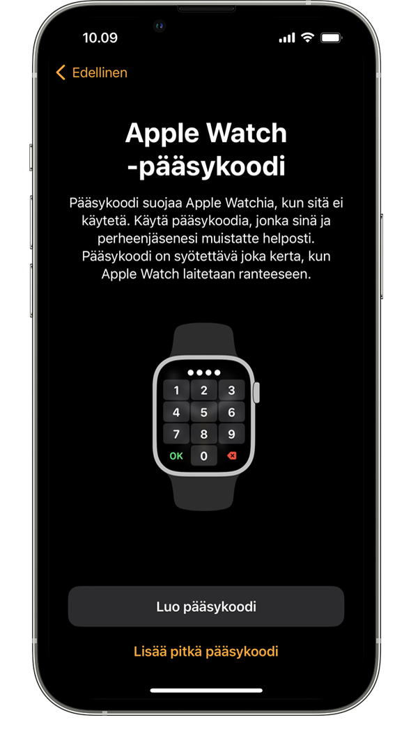 Apple Watchin pääsykoodin asetusnäyttö iPhonessa.