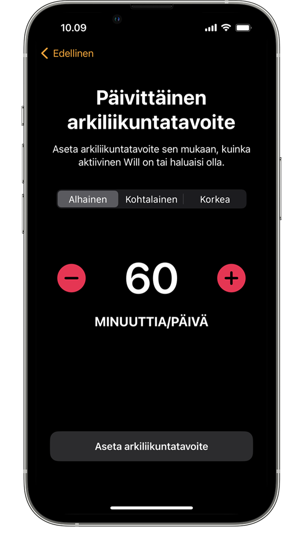 Päivittäisen liikkumistavoitteen määrittäminen Apple Watchiin iPhone-käyttöönoton yhteydessä. 