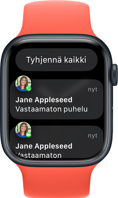 Apple Watch, jossa näkyy Tyhjennä ilmoitukset -painike