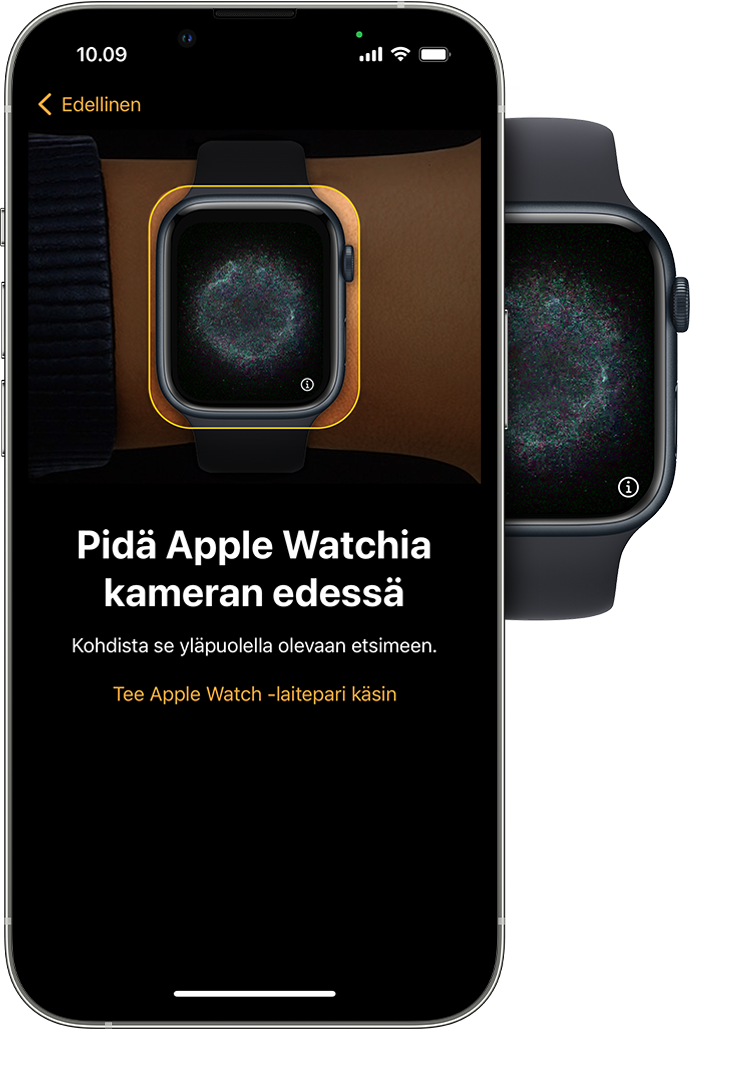 iPhonen näytössä näkyy, miten Apple Watch viedään iPhonen etsimen keskelle.