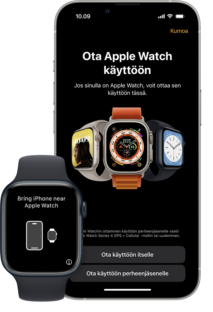 Uuden kellon parinmuodostuksen ensimmäinen käyttöönottonäyttö iPhonessa ja Apple Watchissa.