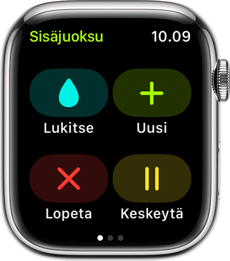 Apple Watchin valinnat (Lukitse, Uusi, Lopeta ja Keskeytä) sisäjuoksutreenin aikana.