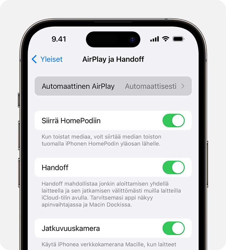 Vaihtoehto Automaattinen valittuna Automaattinen AirPlay -valinnalle AirPlay ja Handoff -näytöllä iPhonessa
