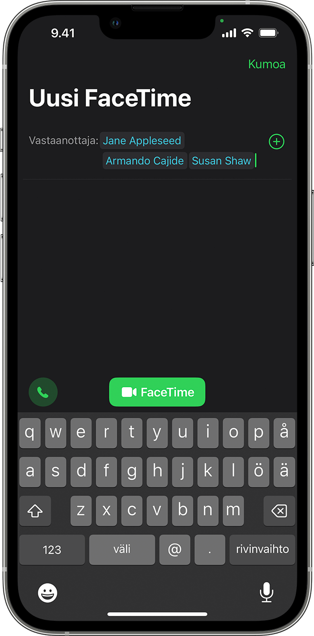 iPhone, jossa näkyy, miten voit aloittaa FaceTime-ryhmäpuhelun FaceTime-apista