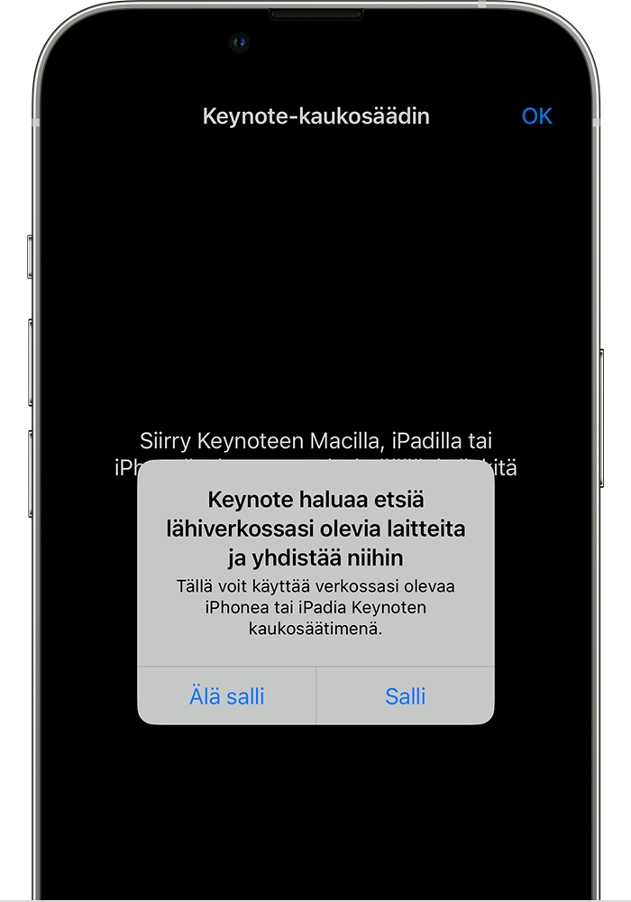 Appi pyytää lupaa lähiverkossa olevien laitteiden etsimiseen ja yhteyden muodostamiseen.