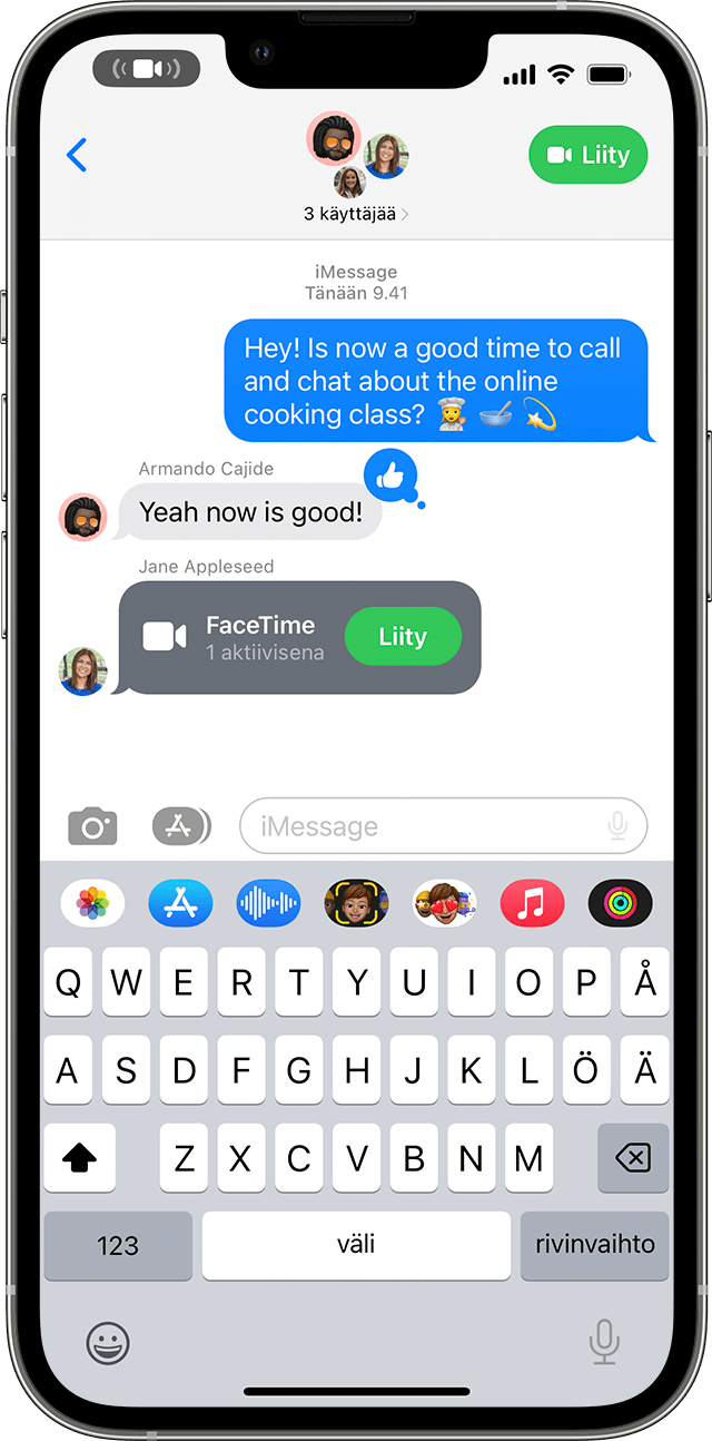 iPhone, jossa näkyy, miten voit liittyä FaceTime-puheluun ryhmäviestistä
