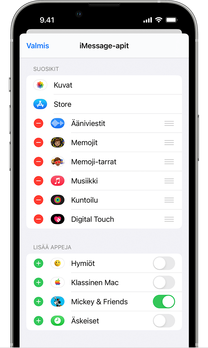 iPhone, jossa näkyy, miten voit poistaa tai lisätä iMessage-appeja