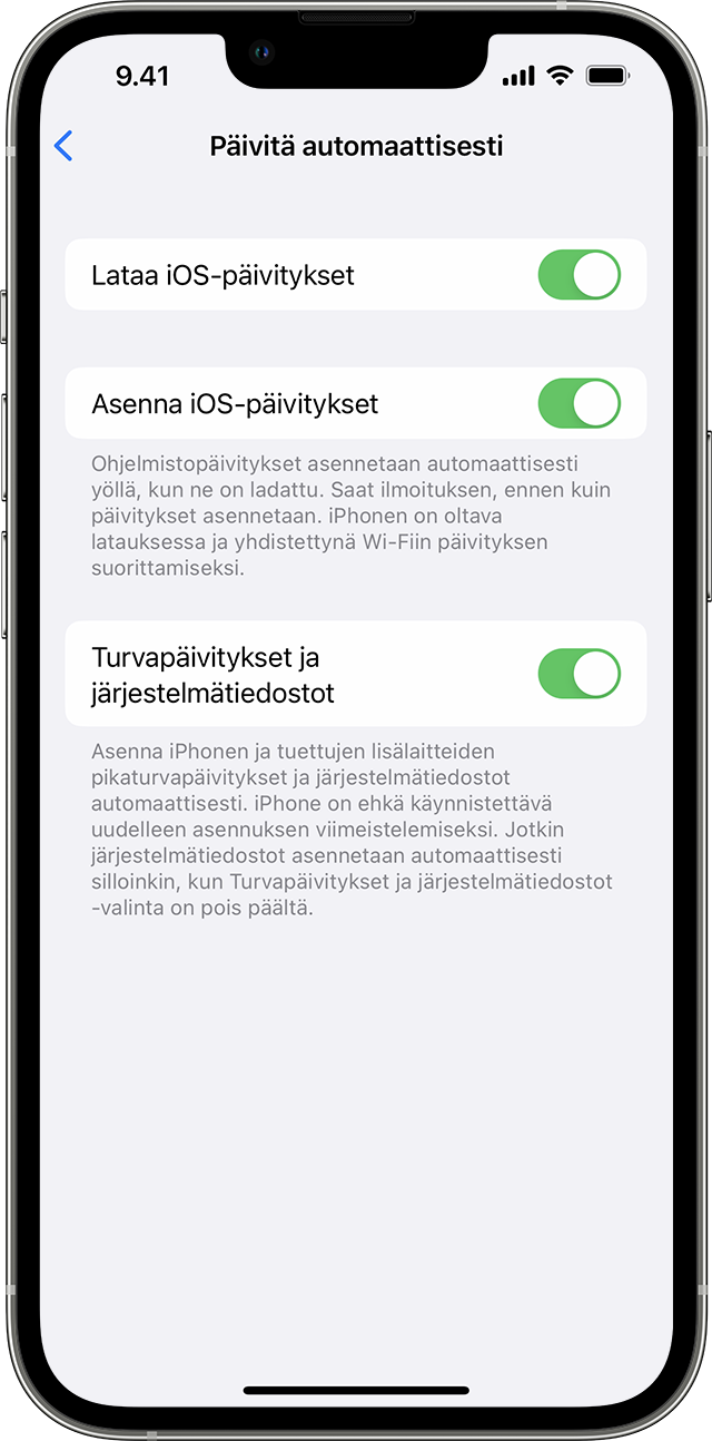 iPhonen Asetukset-appi, jossa näkyy vaihtoehtoja laitteen automaattiseen päivittämiseen.