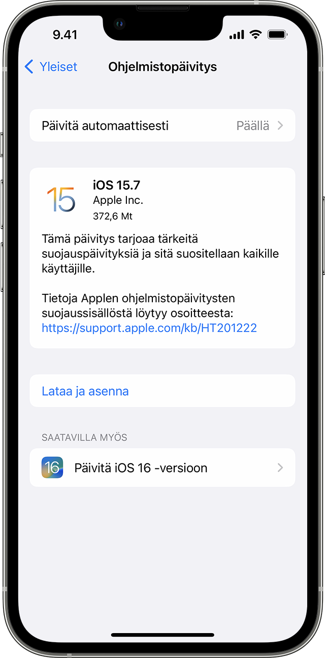 iPhonen Asetukset-appi ja päivitysvaihtoehdot versioihin iOS 15.7 ja iOS 16.