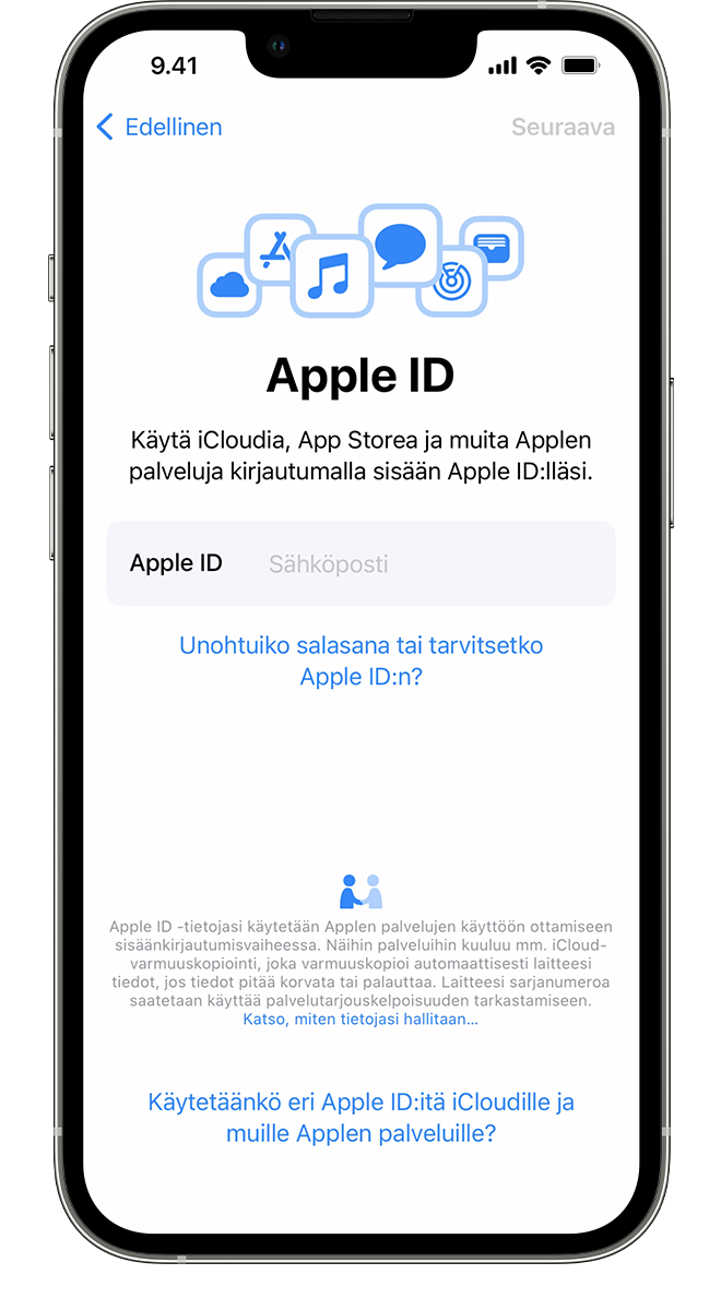 Uudessa iPhonessa näkyy Apple ID -näyttö, jossa voit kirjautua sisään Apple ID:llä ja salasanalla.