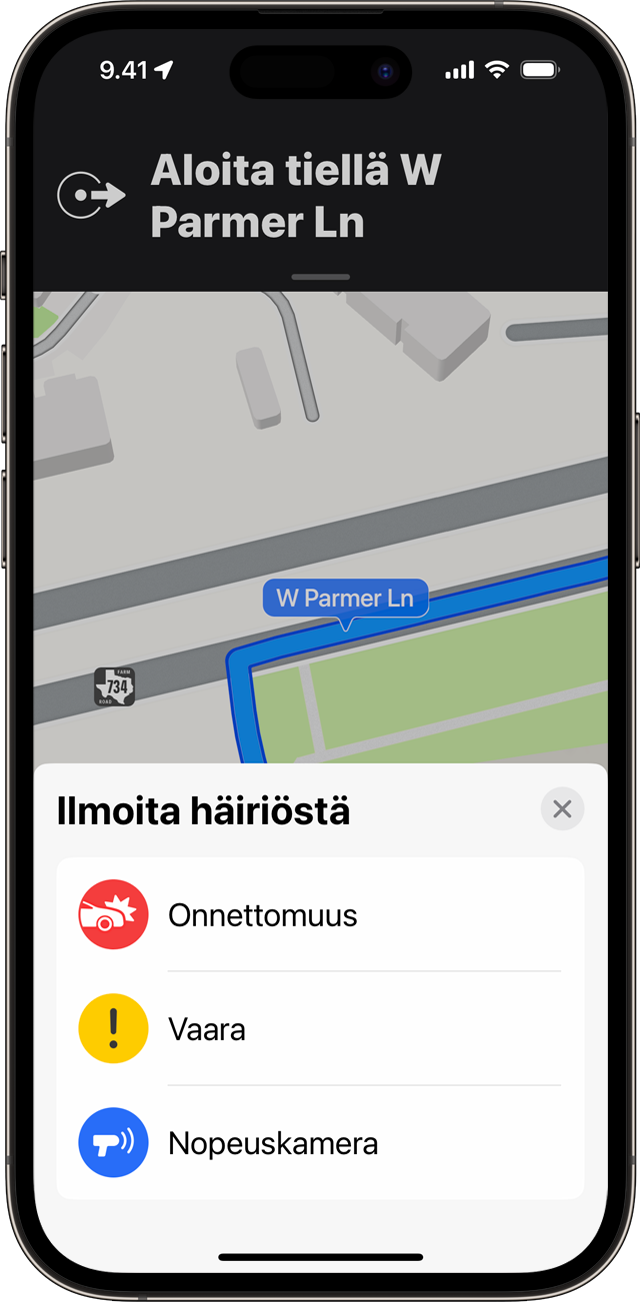 Voit ilmoittaa häiriöstä, kun käytät käännös käännökseltä ‑reittiohjeita iPhonen Kartat-apissa.