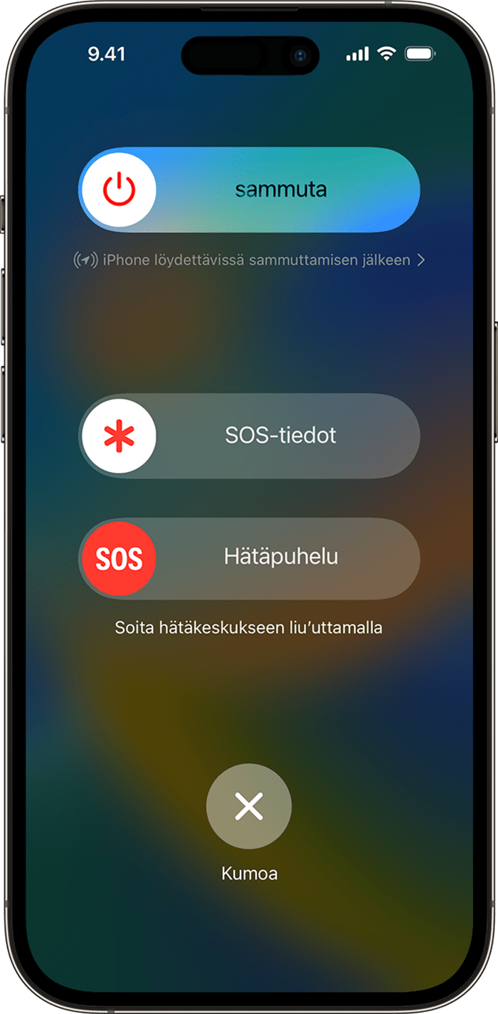 iPhonen Hätätila SOS ‑liukusäädin tulee näkyviin, kun pidät sivu- ja äänenvoimakkuuspainikkeita painettuina.