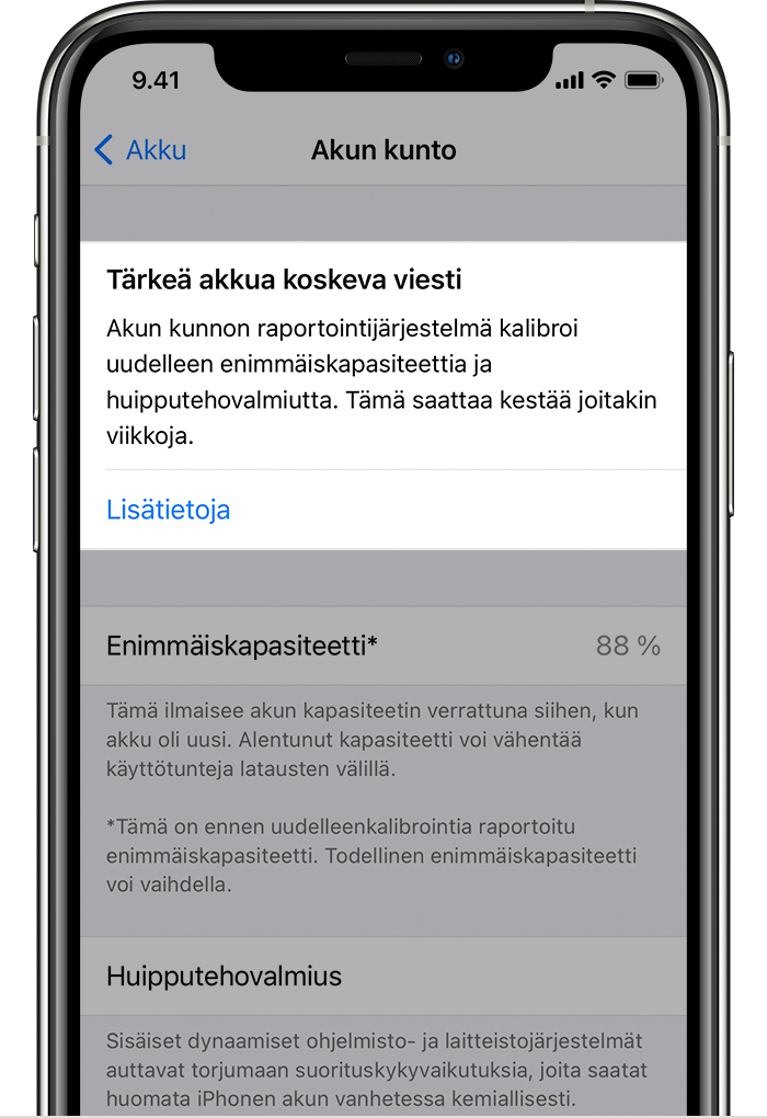 Tietoja akun kunnon raportointijärjestelmän uudelleenkalibroinnista iOS  14.5:ssä - Apple-tuki (FI)