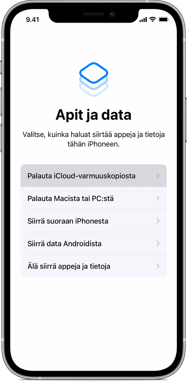 iPhone, jossa näkyy Apit ja data -näyttö Palauta iCloud-varmuuskopiosta valittuna.