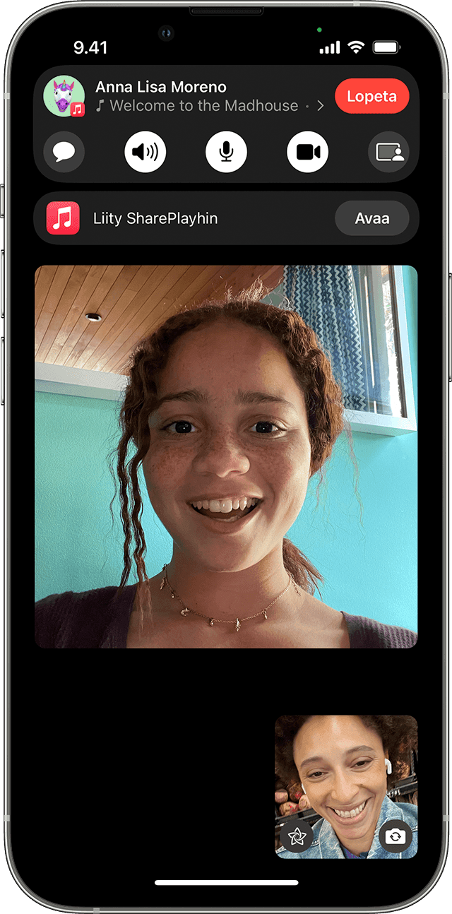 iPhonessa näkyy Liity SharePlayhin -vaihtoehto FaceTime-puhelun aikana