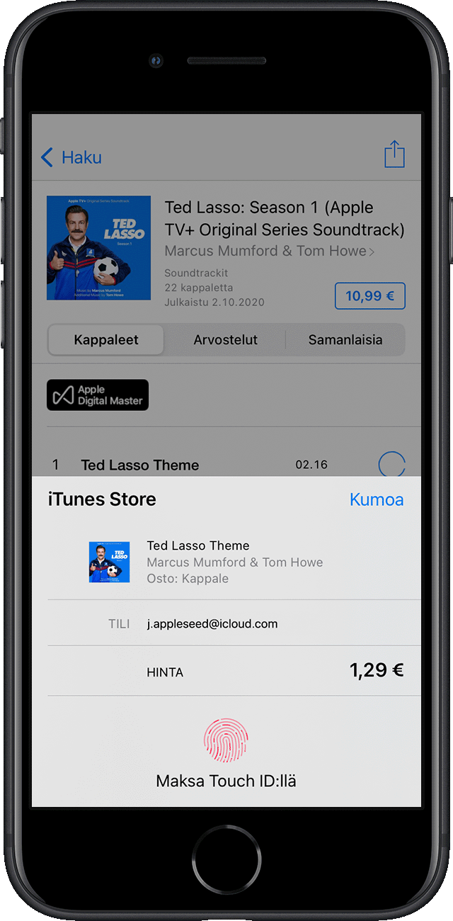 Kappaleen maksaminen Touch ID:n avulla iTunes Storessa