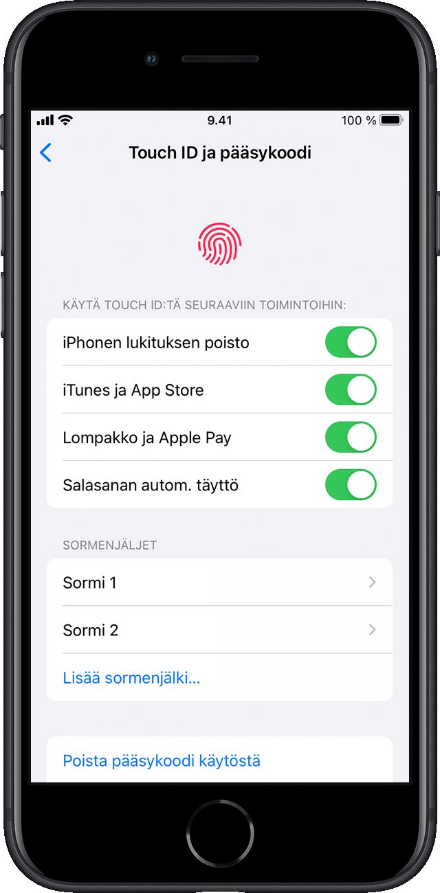 Käyttäjä valitsee Asetukset-kohdassa, mitkä iPhonen ominaisuudet hän haluaa ottaa käyttöön Touch ID:llä