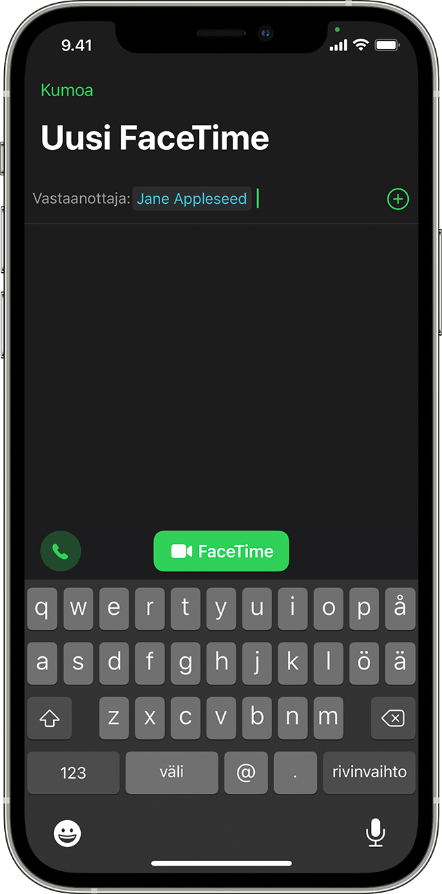 iPhone, jossa näkyy Puhelin-appi Jane Appleseedin kanssa käytävän puhelun aikana. FaceTime-painike on toisella kuvakerivillä näytön keskellä.