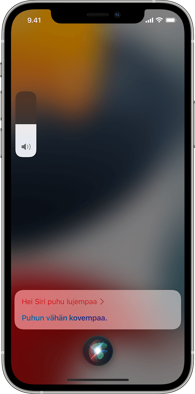 iOS:n näyttökuva Äänenvoimakkuus-liukusäätimestä. Siri ilmoittaa, että mediasisältöä toistetaan suuremmalla äänenvoimakkuudella. 