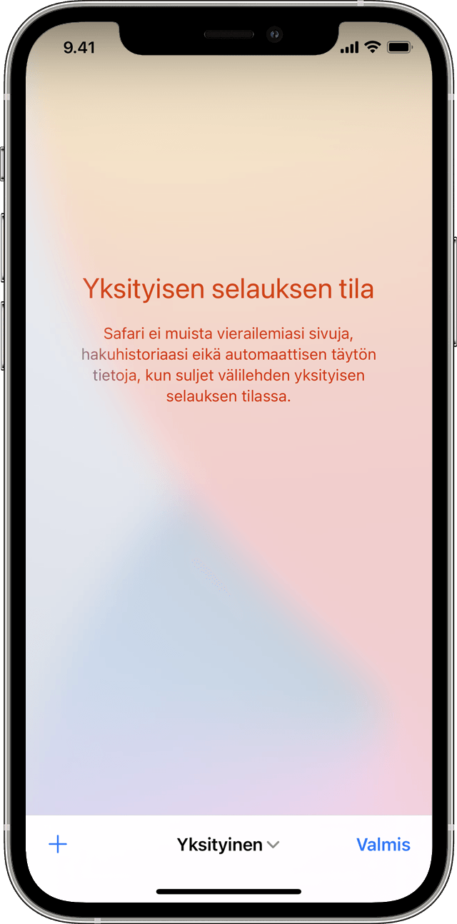 iPhone, jossa näkyy Yksityisen selauksen tila -näyttö, kun yksityinen selaus on otettu käyttöön napauttamalla Yksityinen.