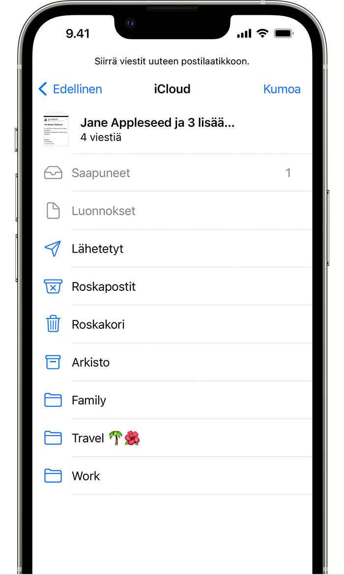 Sähköpostiviestien siirtäminen uuteen Saapuneet-kansioon iOS 15:ssä