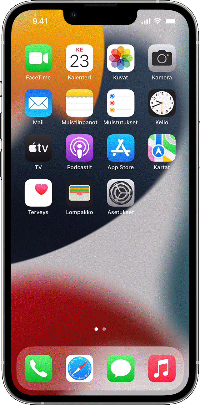 iPhonen näyttö, jossa näkyy, miten hakuun pyyhkäistään