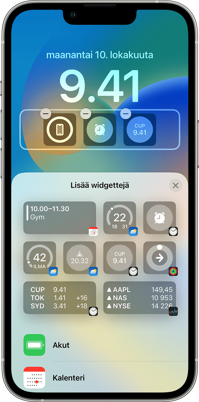 iPhonen näyttö, jossa näkyy, miten voit lisätä widgettejä lukitulle näytölle
