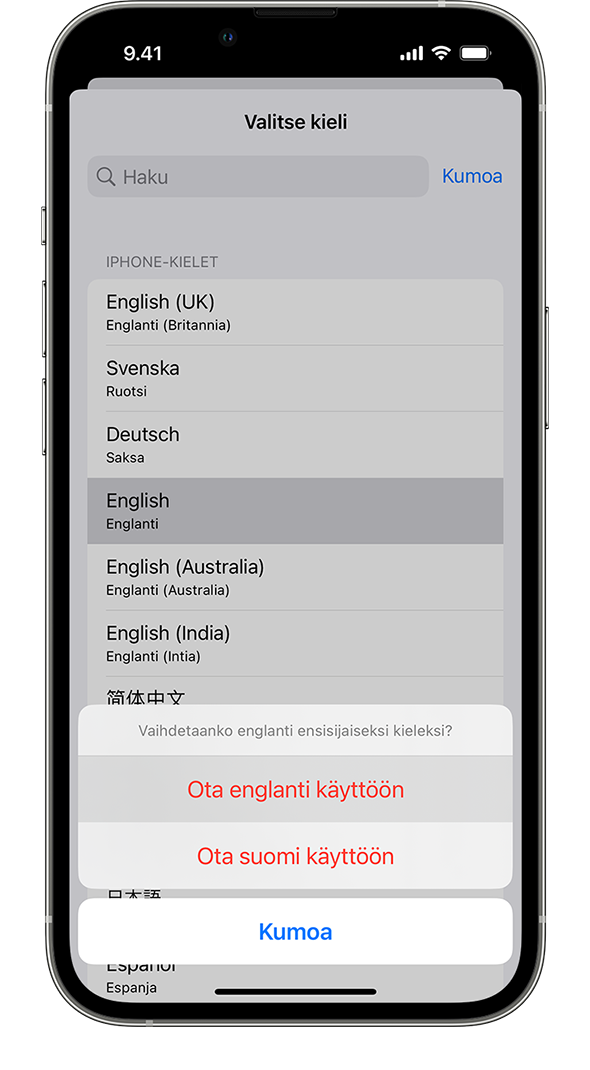 iPhone, jossa näkyy varoitusviesti ”Vaihdetaanko ranska ensisijaiseksi kieleksi?” Näytössä näkyvät vaihtoehdot Valitse ranska, Valitse englanti (Yhdysvallat) ja Peruuta.