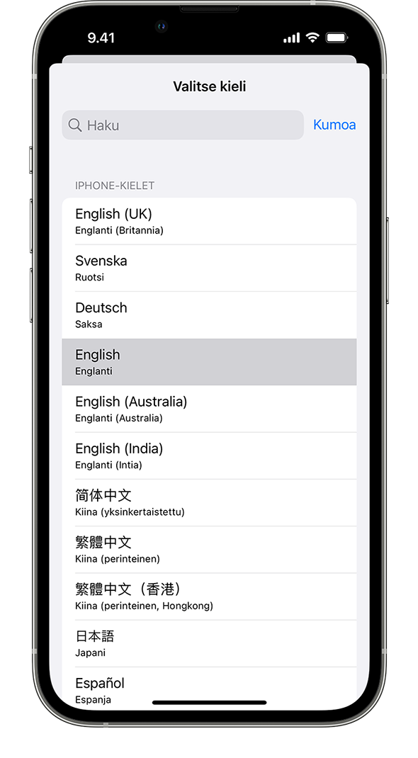 iPhone, jossa näkyy käytettävissä olevien järjestelmäkielten luettelo ja ranska-kielivalinta korostettuna.
