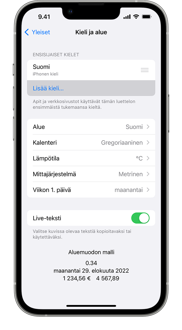iPhone, jossa näkyy Kieli ja alue -valikko. Lisää kieli -valinta näkyy korostettuna.