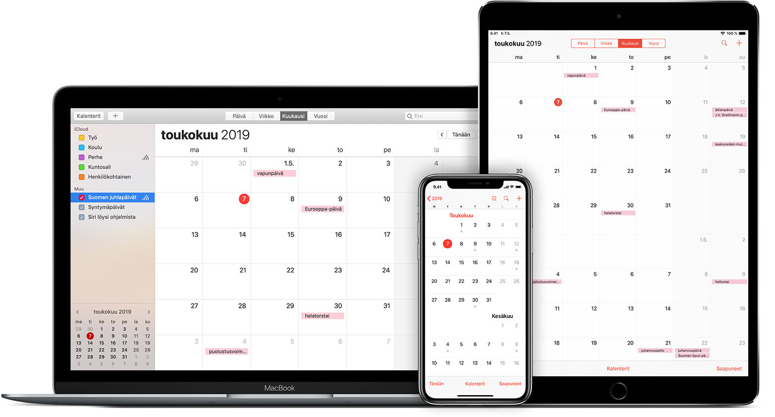 Mac, iPad ja iPhone, joissa näkyy iCloud-kalenteri