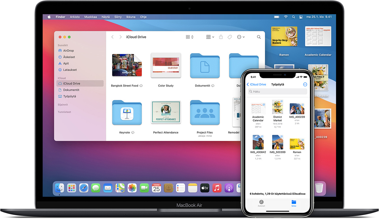 macOS Big Sur -pohjaisen MacBook Airin työpöytä, jolla näkyy iCloud Drive, ja iOS 14 -pohjainen iPhone 12 Pro, jossa näkyy iCloud Driven työpöytä. 