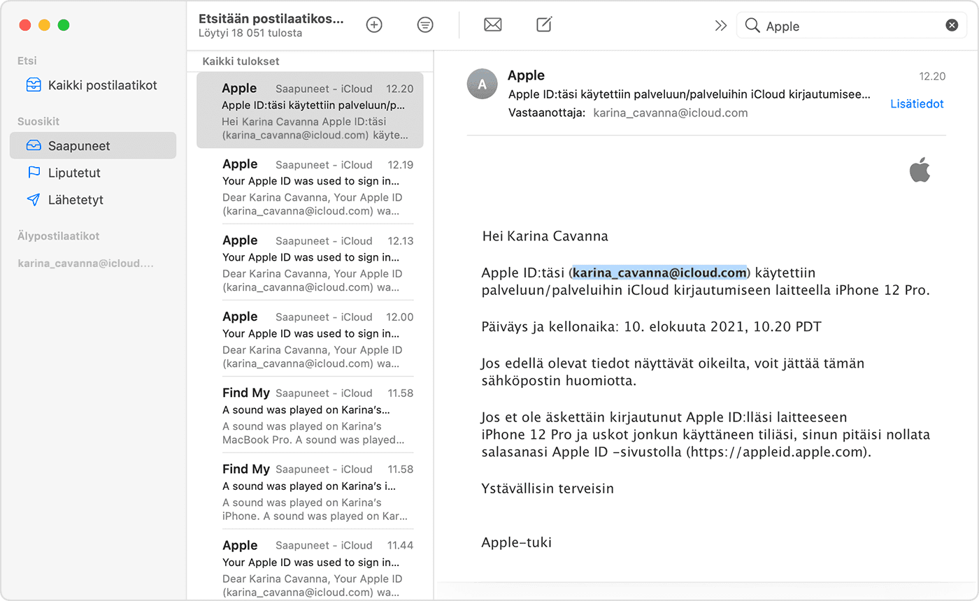 Joissain Applen lähettämissä sähköposteissa saattaa myös näkyä Apple ID:si. Tässä on suluissa ja korostettuna.