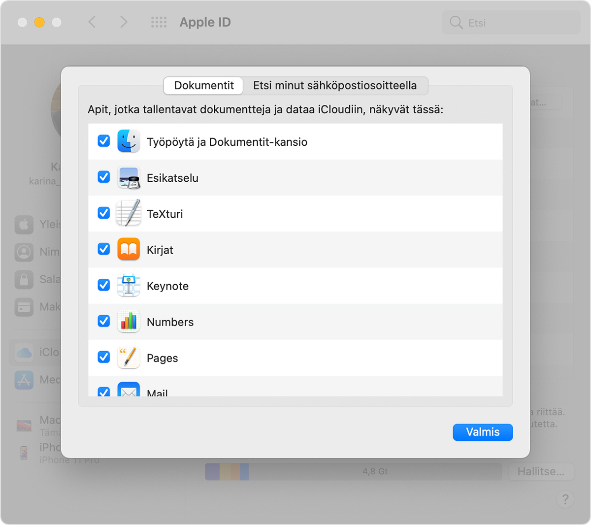 Macin iCloud Driven Valinnat-näyttö, jolla on valittuna Työpöytä ja Dokumentit-kansio -vaihtoehto.