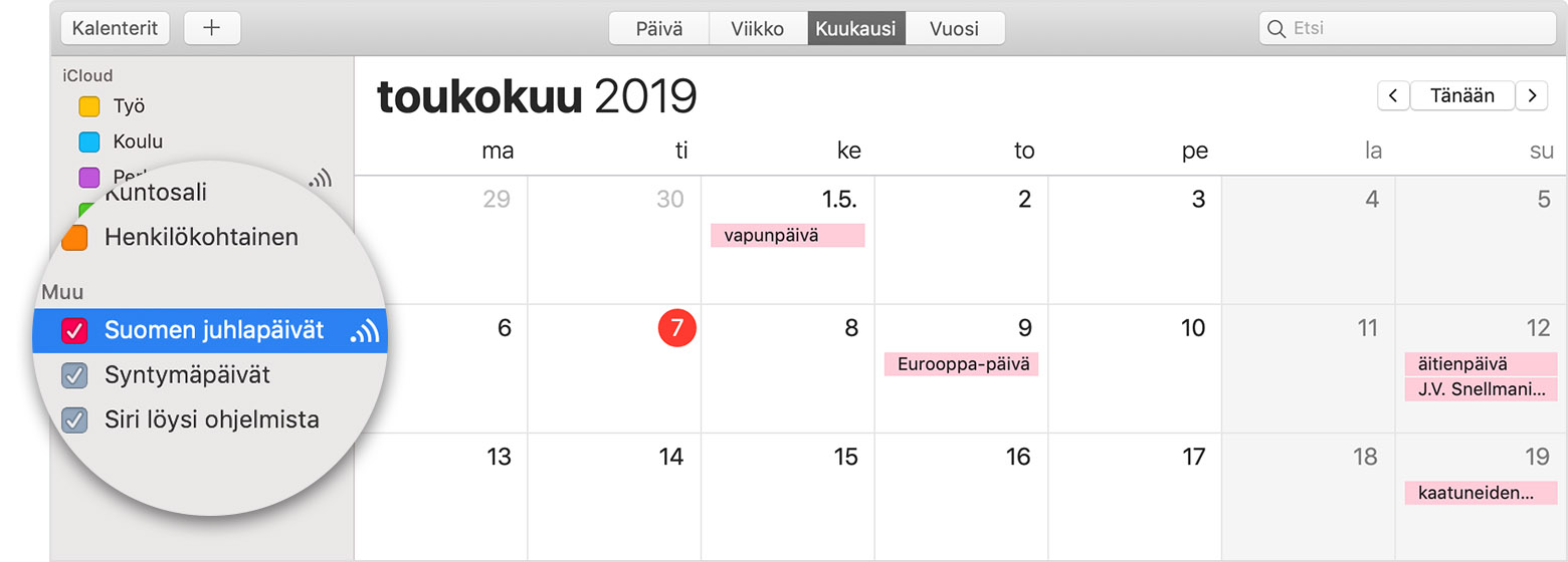 iCloud-kalenteri, josta on valittu tilattu kalenteri