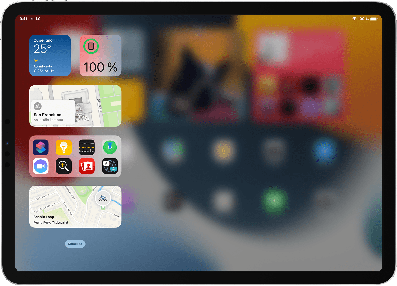 iPadin näyttö, jossa näkyy Tänään-näkymä ja widgetit