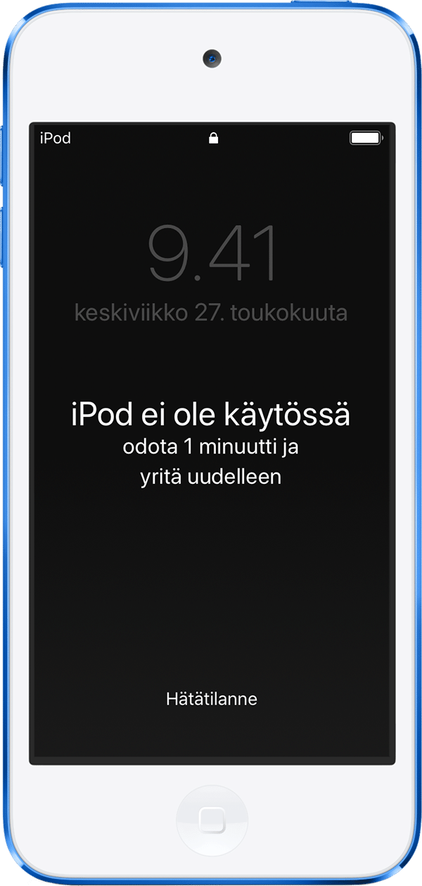 iPod touch, jossa näkyy ilmoitus, että iPod on pois käytöstä