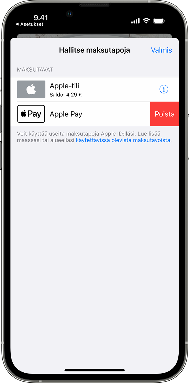 iPhonessa näkyy Poistetaanko maksutapa? ‑viesti.