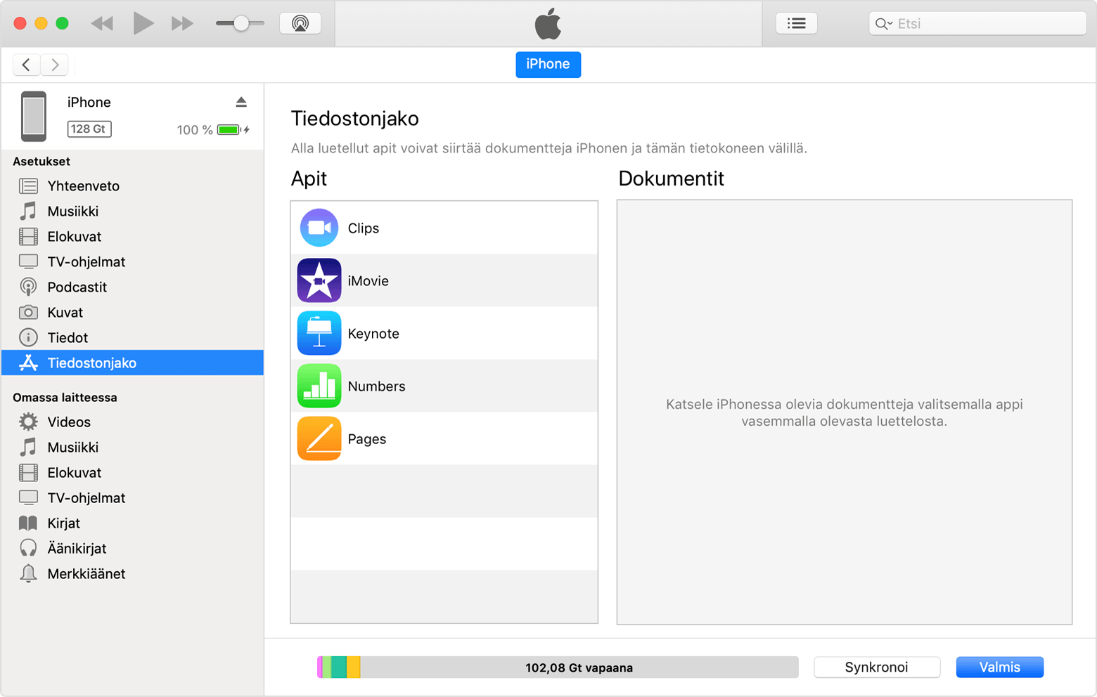 iTunes-ikkuna, kun iPhone on yhdistetty ja luettelosta on valittu Tiedostonjako.