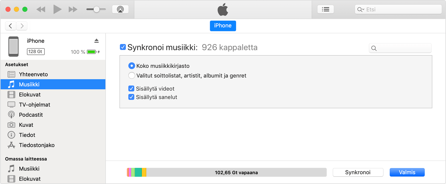 iTunesin Synkronoi musiikki -asetuksen vieressä oleva valintaneliö.