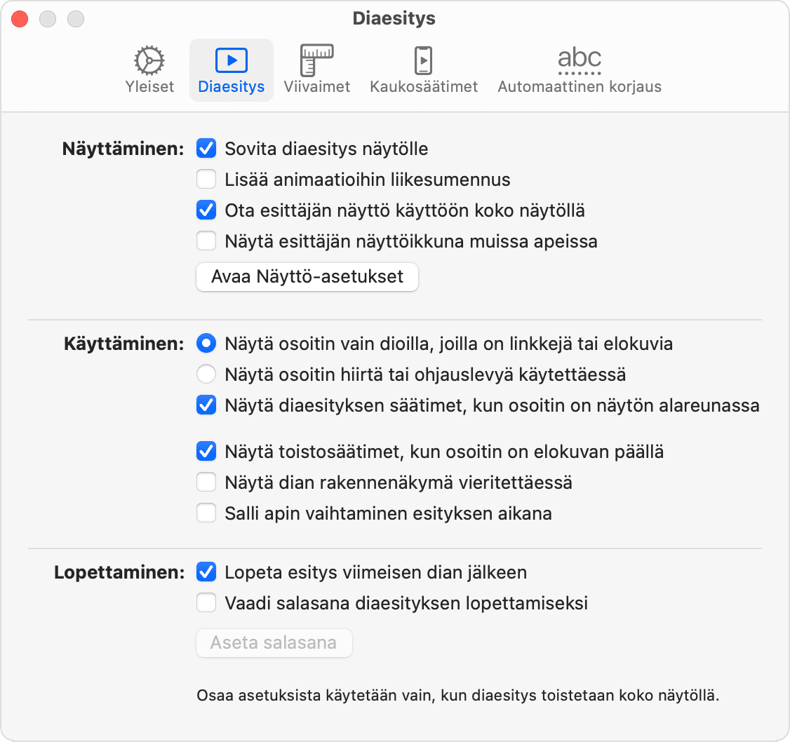 Keynoten diaesityksen asetusikkuna
