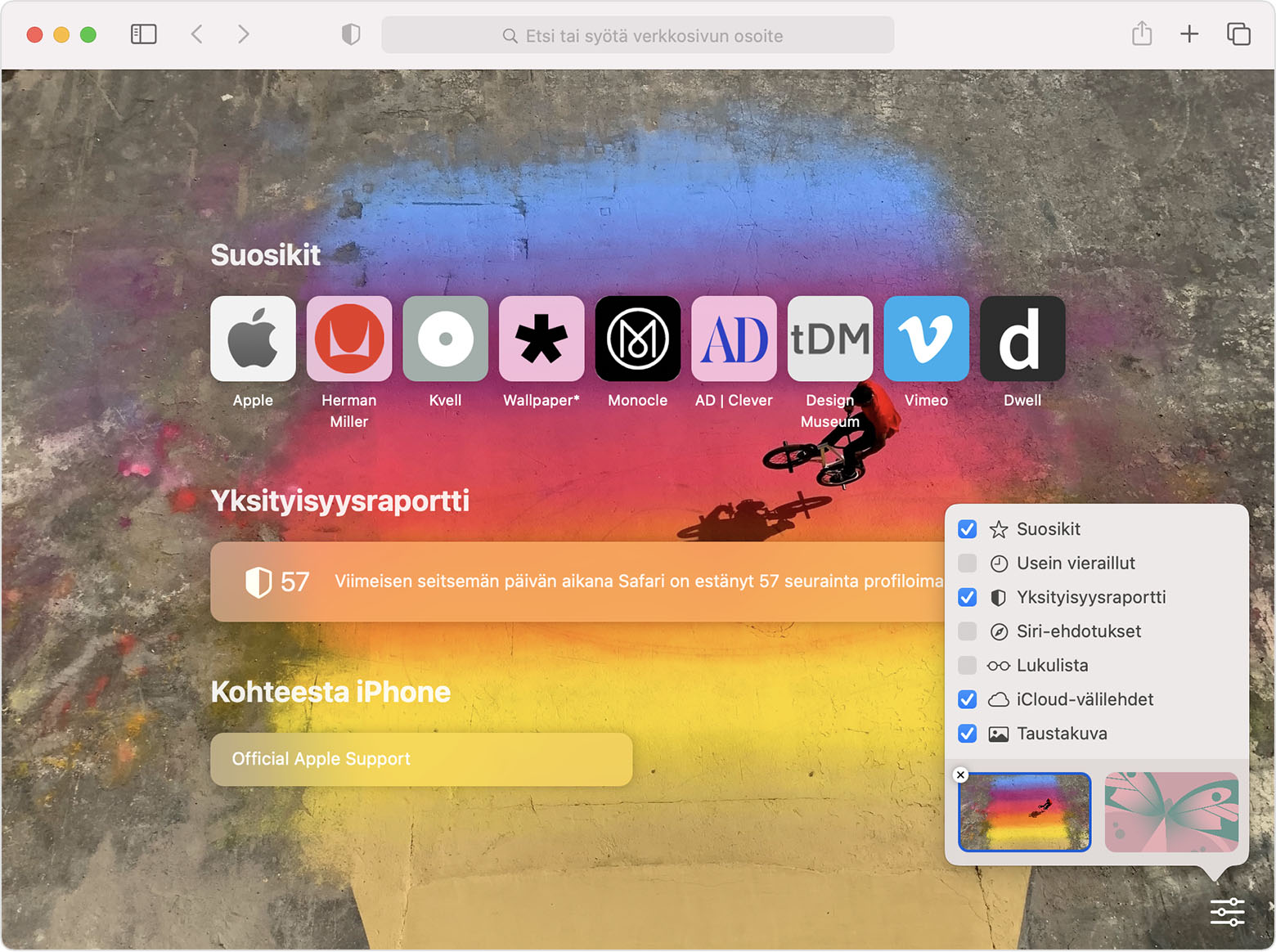 Safarin aloitussivu, jossa muokkausten valintaikkuna on auki