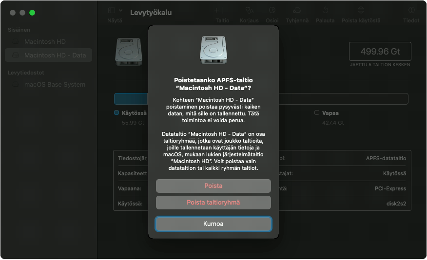 Levytyökalu-ikkuna, jossa näkyvät Poista taltio -toiminnon vaihtoehdot