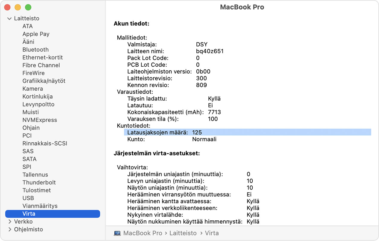 MacBook Pron Järjestelmän tiedot -ikkuna, jossa latausjaksojen määrä on korostettuna