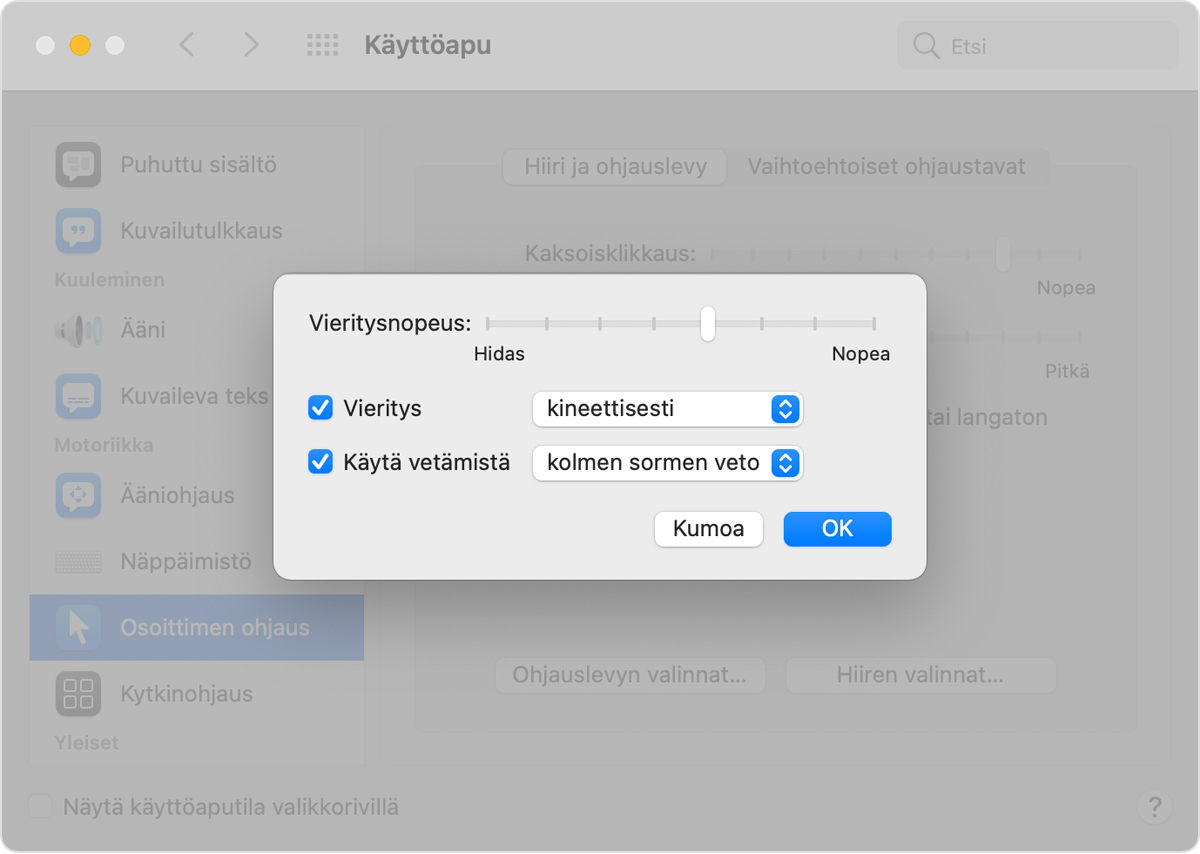 Käyttöapu-asetusten ikkunan osoittimen ohjausvaihtoehdot, kun kolmen sormen veto on valittu