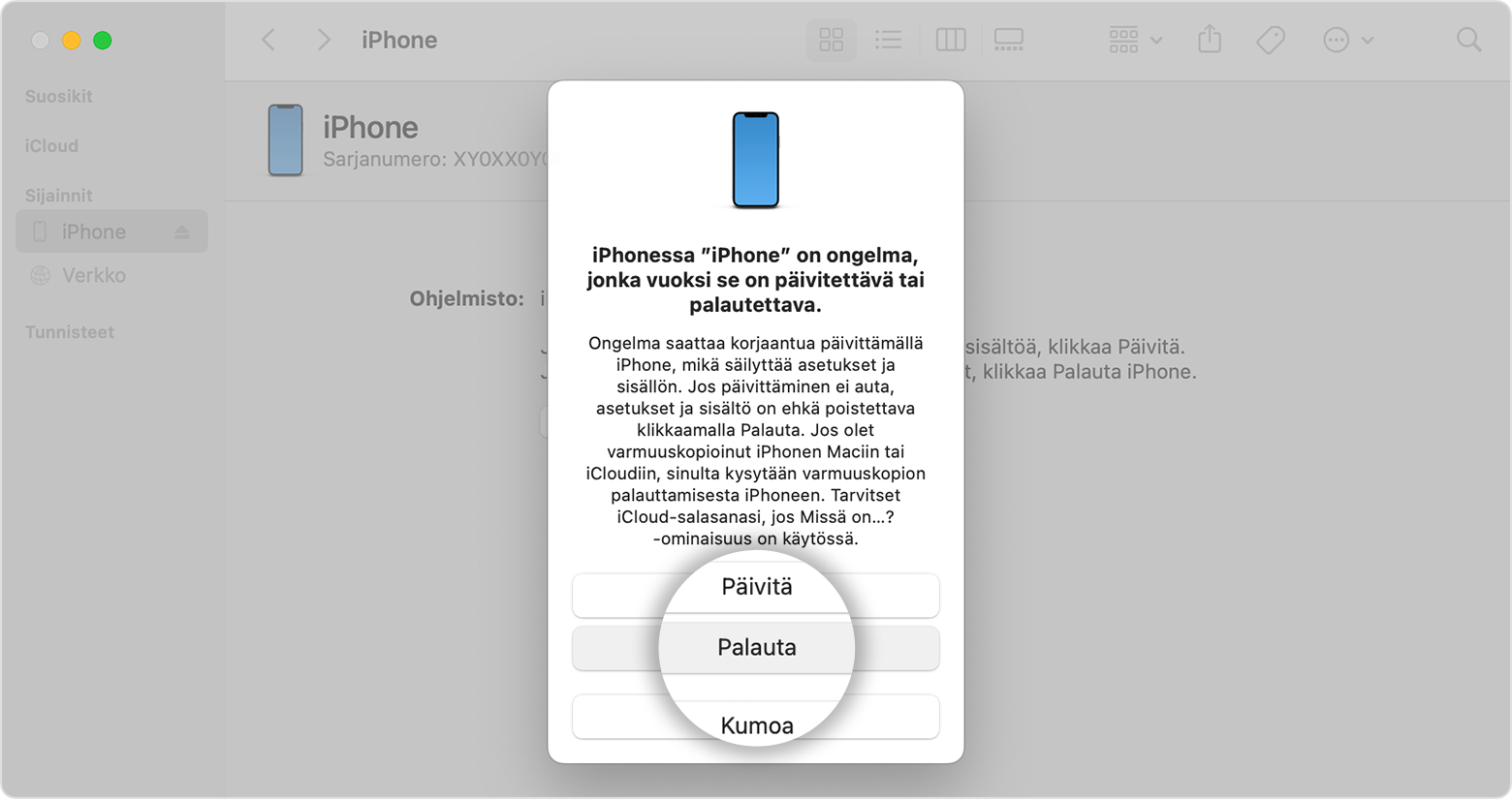 Voit palauttaa iPhonen Finderin kautta, kun olet yhdistänyt iPhonen tietokoneeseen.